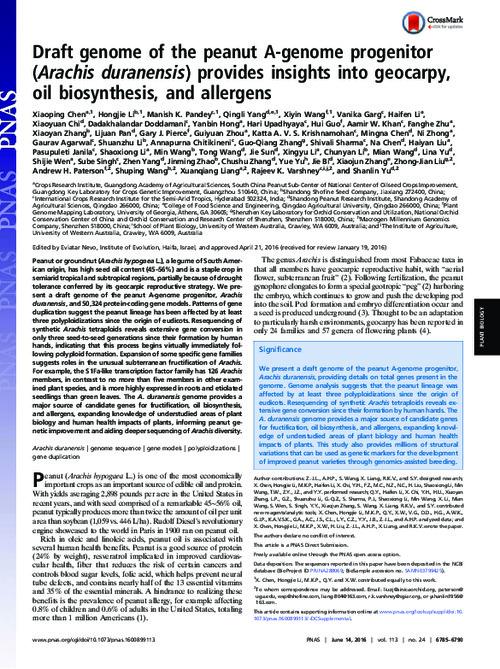 Draft genome of the peanut A-genome progenitor (Arachis duranensis) provides insights into geocarpy, oil biosynthesis, and allergens