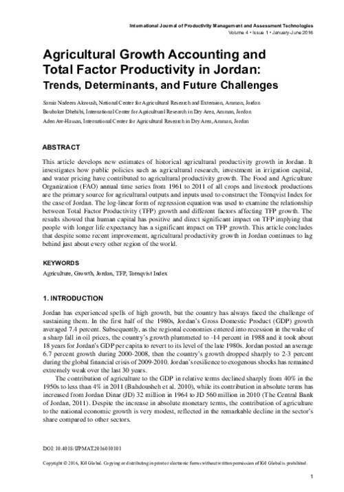 Agricultural Growth Accounting and Total Factor Productivity in Jordan: Trends, determinants, and future challenges