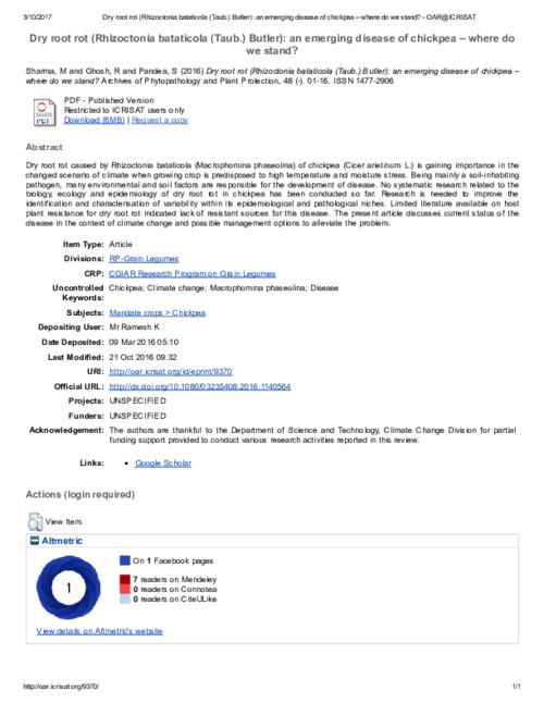 Dry root rot (Rhizoctonia bataticola (Taub.) Butler): an emerging disease of chickpea – where do we stand?