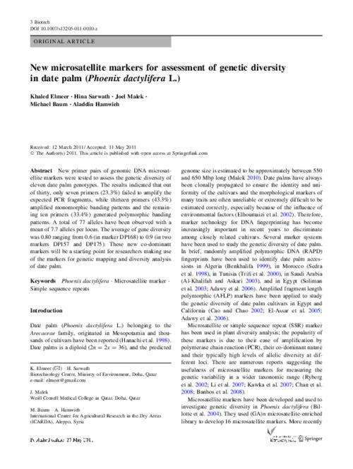 New microsatellite markers for assessment of genetic diversity in date palm (Phoenix dactylifera L.)