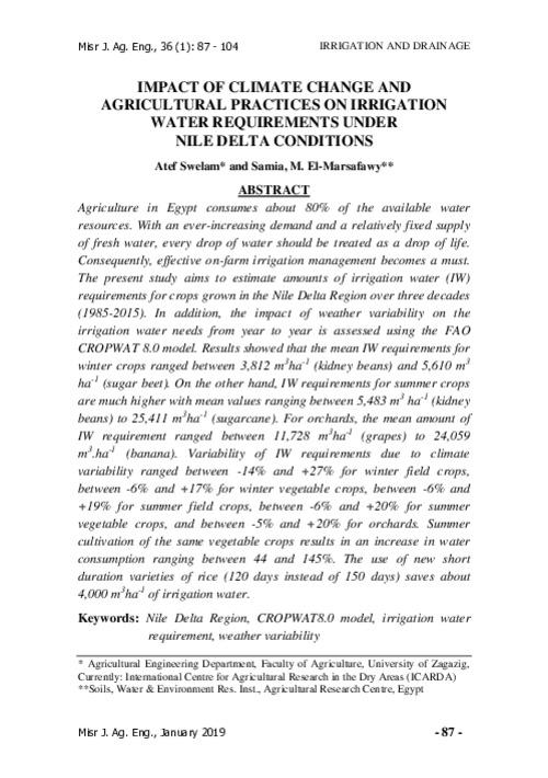 Impact of climate change and agricultural practices on irrigation water requirements under Nile delta conditions