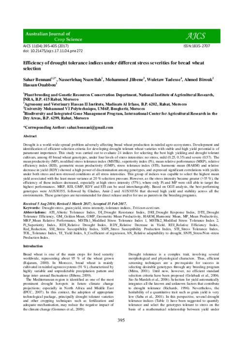 Efficiency of drought tolerance indices under different stress severities for bread wheat selection