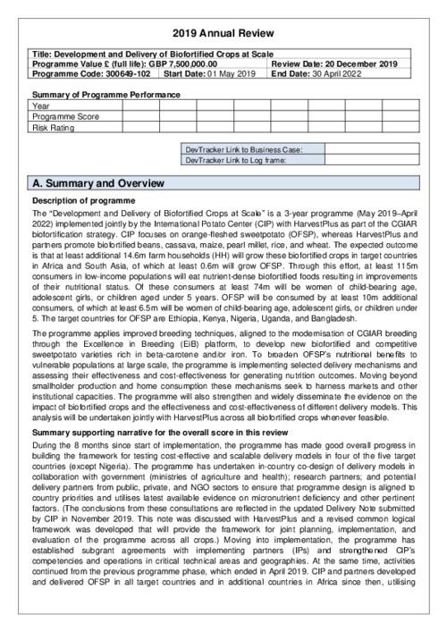 2019 Technical Report - Development and delivery of biofortified crops at scale