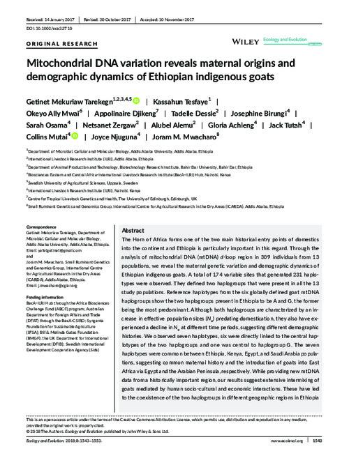 Mitochondrial DNA variation reveals maternal origins and demographic dynamics of Ethiopian indigenous goats