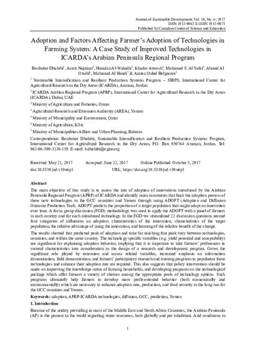 Adoption and Factors Affecting Farmer’s Adoption of Technologies in Farming System: A Case Study of Improved Technologies in ICARDA’s Arabian Peninsula Regional Program