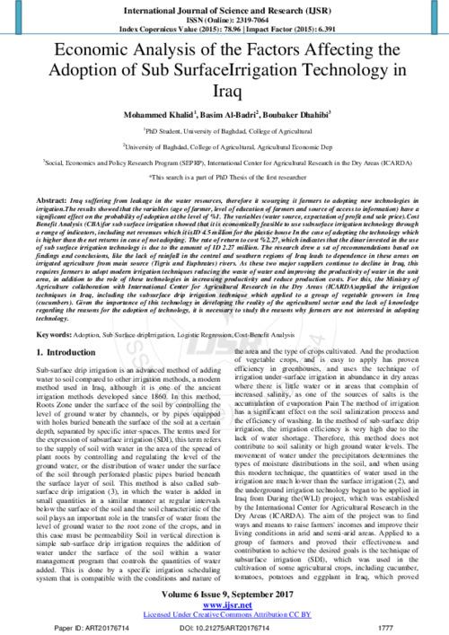 Economic Analysis of the Factors Affecting the Adoption of Sub Surface Irrigation Technology in Iraq