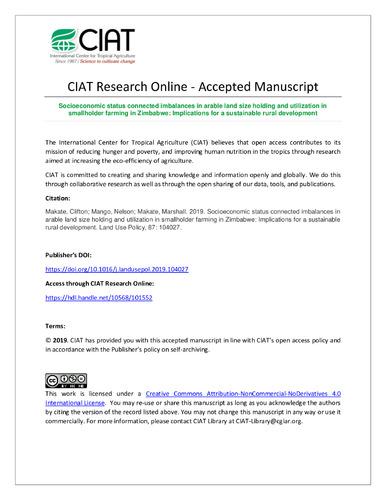 Socioeconomic status connected imbalances in arable land size holding and utilization in smallholder farming in Zimbabwe: Implications for a sustainable rural development