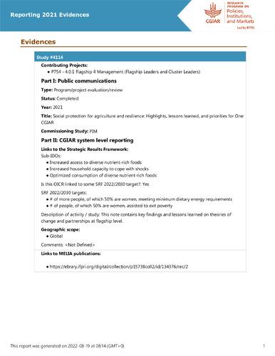 Social protection for agriculture and resilience: Highlights, lessons learned, and priorities for One CGIAR