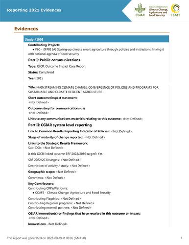 MAINSTREAMING CLIMATE CHANGE: CONVERGENCE OF POLICIES AND PROGRAMS FOR SUSTAINABLE AND CLIMATE RESILIENT AGRICULTURE
