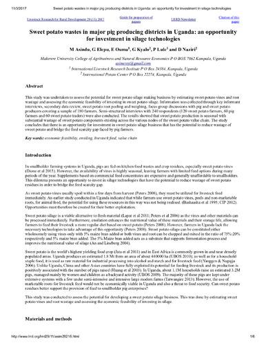 Sweet potato wastes in major pig producing districts in Uganda: an opportunity for investment in silage technologies