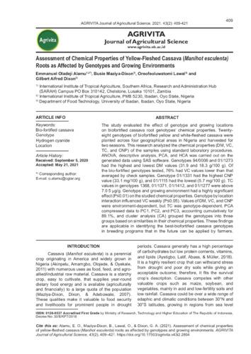 Assessment of chemical properties of yellow-fleshed cassava (Manihot esculenta) roots as affected by genotypes and growing environments
