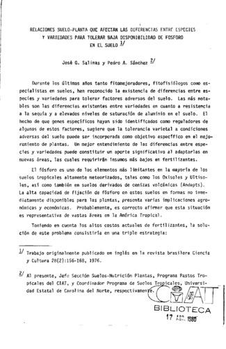 Relaciones suelo-planta que afectan las diferencias entre especies y variedades para tolerar baja disponibilidad de fósforo en el suelo