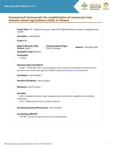 Investment framework for mobilization of resources into climate smart agriculture (CSA) in Ghana