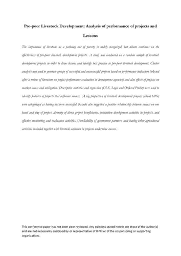Pro-poor livestock development: Analysis of performance of projects and lessons