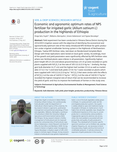 Economic and agronomic optimum rates of NPS fertilizer for irrigated garlic (Allium sativum L) production in the highlands of Ethiopia