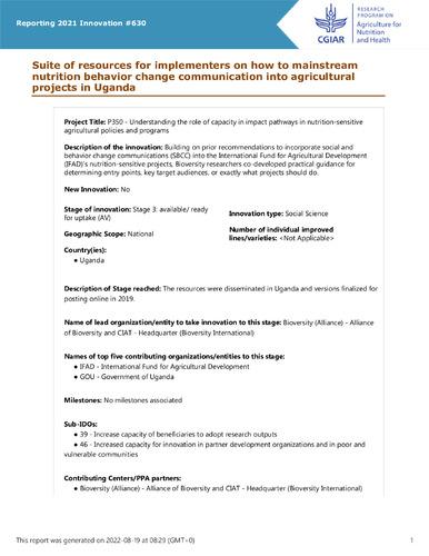 Suite of resources for implementers on how to mainstream nutrition behavior change communication into agricultural projects in Uganda