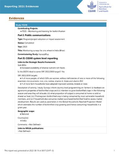 Monitoring surveys for zinc wheat in India (Bihar)