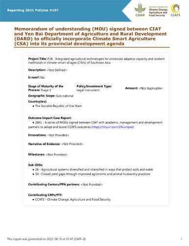Memorandum of understanding (MOU) signed between CIAT and Yen Bai Department of Agriculture and Rural Development (DARD) to officially incorporate Climate Smart Agriculture (CSA) into its provincial development agenda
