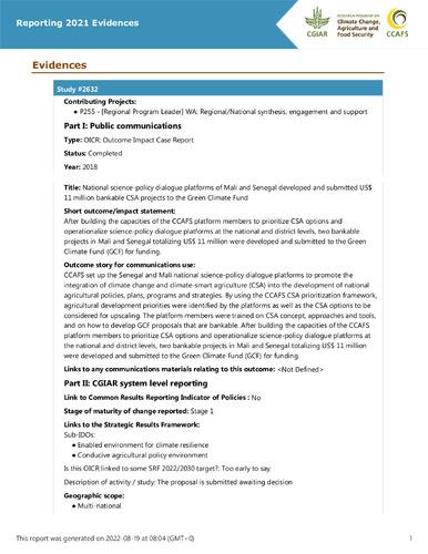 National science-policy dialogue platforms of Mali and Senegal developed and submitted US$ 11 million bankable CSA projects to the Green Climate Fund