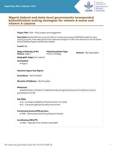 Nigeria federal and state-level governments incorporated biofortification scaling strategies for vitamin A maize and vitamin A cassava
