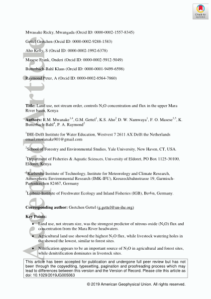 Land Use, Not Stream Order, Controls N2O Concentration and Flux in the Upper Mara River Basin, Kenya