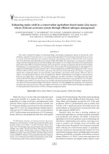 Enhancing maize yield in a conservation agriculture-based maize (Zea mays)- wheat (Triticum aestivum) system through efficient nitrogen management