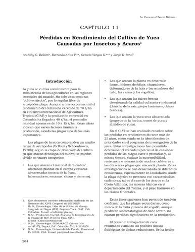 Pérdidas de rendimiento del cultivo de yuca causadas por insectos y ácaros