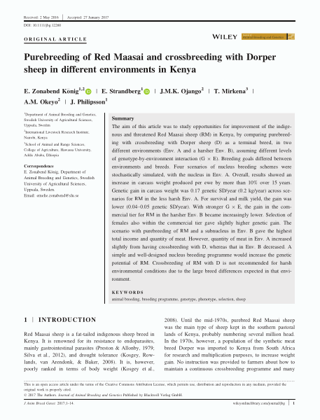 Purebreeding of Red Maasai and crossbreeding with Dorper sheep in different environments in Kenya