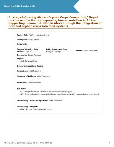 Strategy informing African Orphan Crops Consortium/ Nepad on course of action for improving human nutrition in Africa. Supporting human nutrition in Africa through the integration of new and orphan crops into food systems
