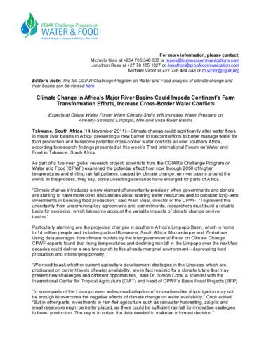 Climate Change in Africa’s Major River Basins Could Impede Continent’s Farm Transformation Efforts, Increase Cross-Border Water Conflict