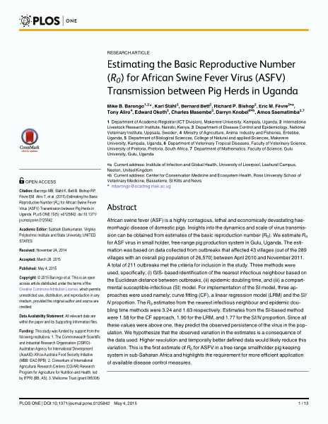 Estimating the basic reproductive number (R0) for African swine fever virus (ASFV) transmission between pig herds in Uganda