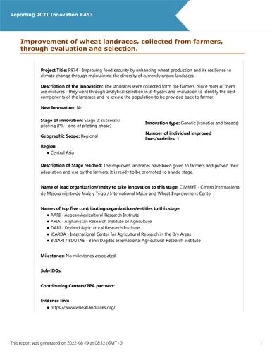 Improvement of wheat landraces, collected from farmers, through evaluation and selection.