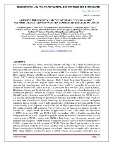 Assessing the severity and the incidence of Cassava Root Necrosis Disease (CRND) in western Democratic Republic of Congo