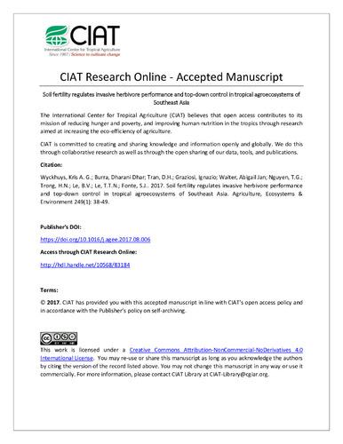 Soil fertility regulates invasive herbivore performance and top-down control in tropical agroecosystems of Southeast Asia