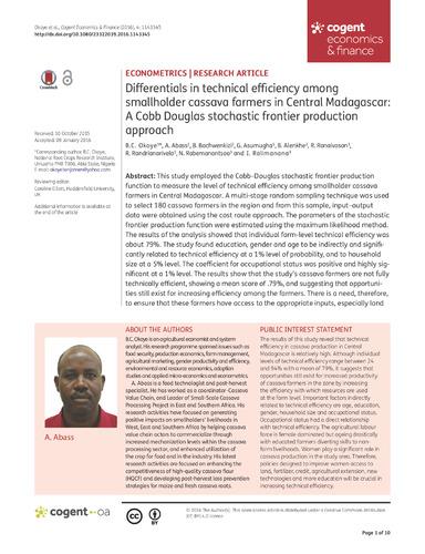 Differentials in technical efficiency among smallholder cassava farmers in Central Madagascar: a Cobb Douglas stochastic frontier production approach