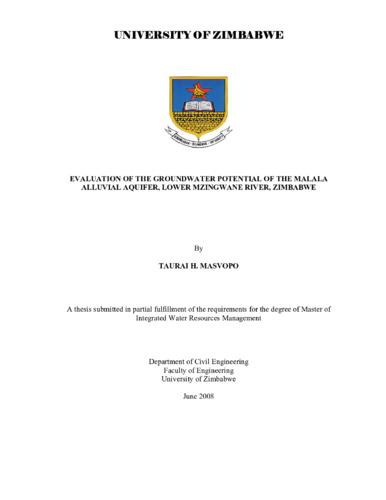 Evaluation of the groundwater potential of the Malala alluvial aquifer lower Mzingwane river Zimbabwe