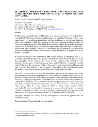 Analysing stakeholders for sustainable wetland management in the Limpopo River basin: The case of GaMampa wetland