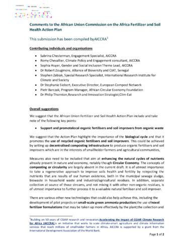 Comments to the African Union Commission on the Africa Fertilizer and Soil Health Action Plan