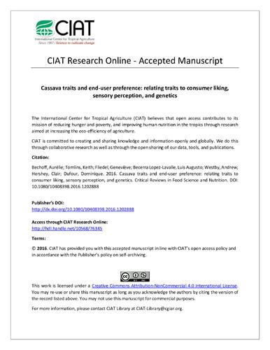 Cassava traits and end-user preference: relating traits to consumer liking, sensory perception, and genetics