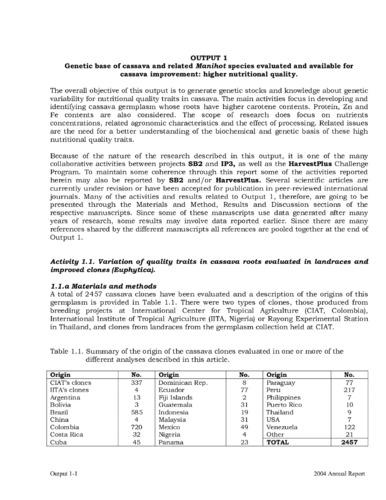 Genetic base of cassava and related Manihot especies evaluated and available for cassava improvement: higher nutritional quality: Output 1